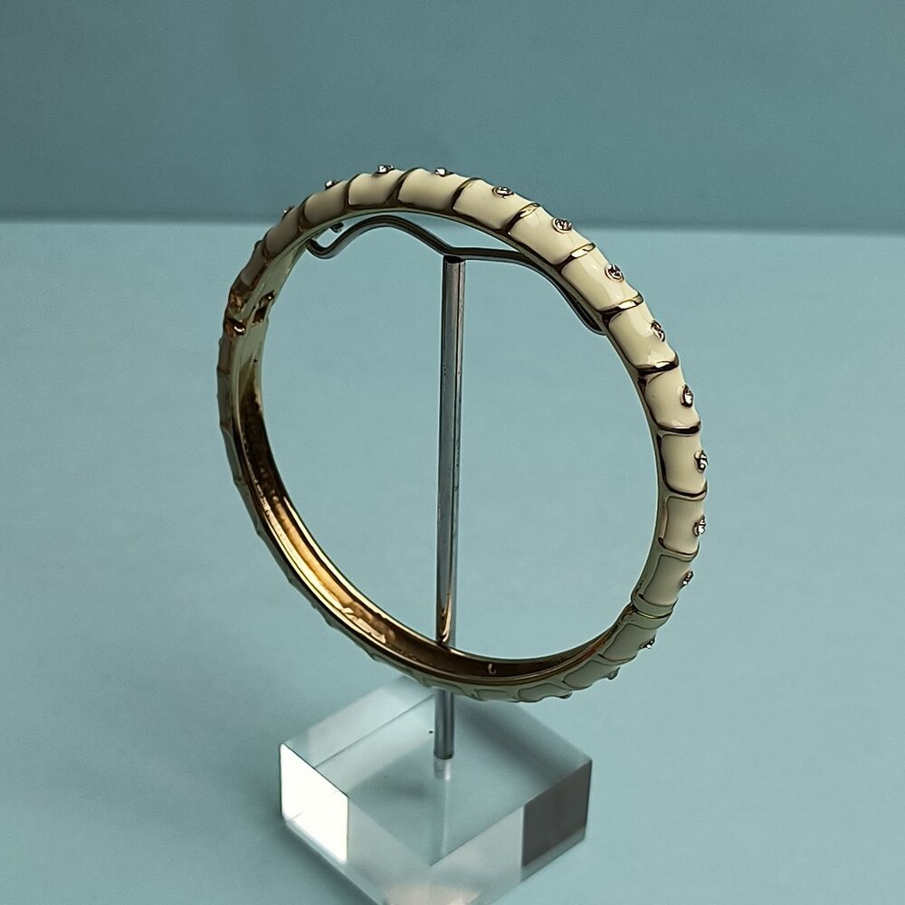 NORDSTROM Sequin Enamel Hinge Bangle Bracelet Clamper White Gold Tone Rhinestone